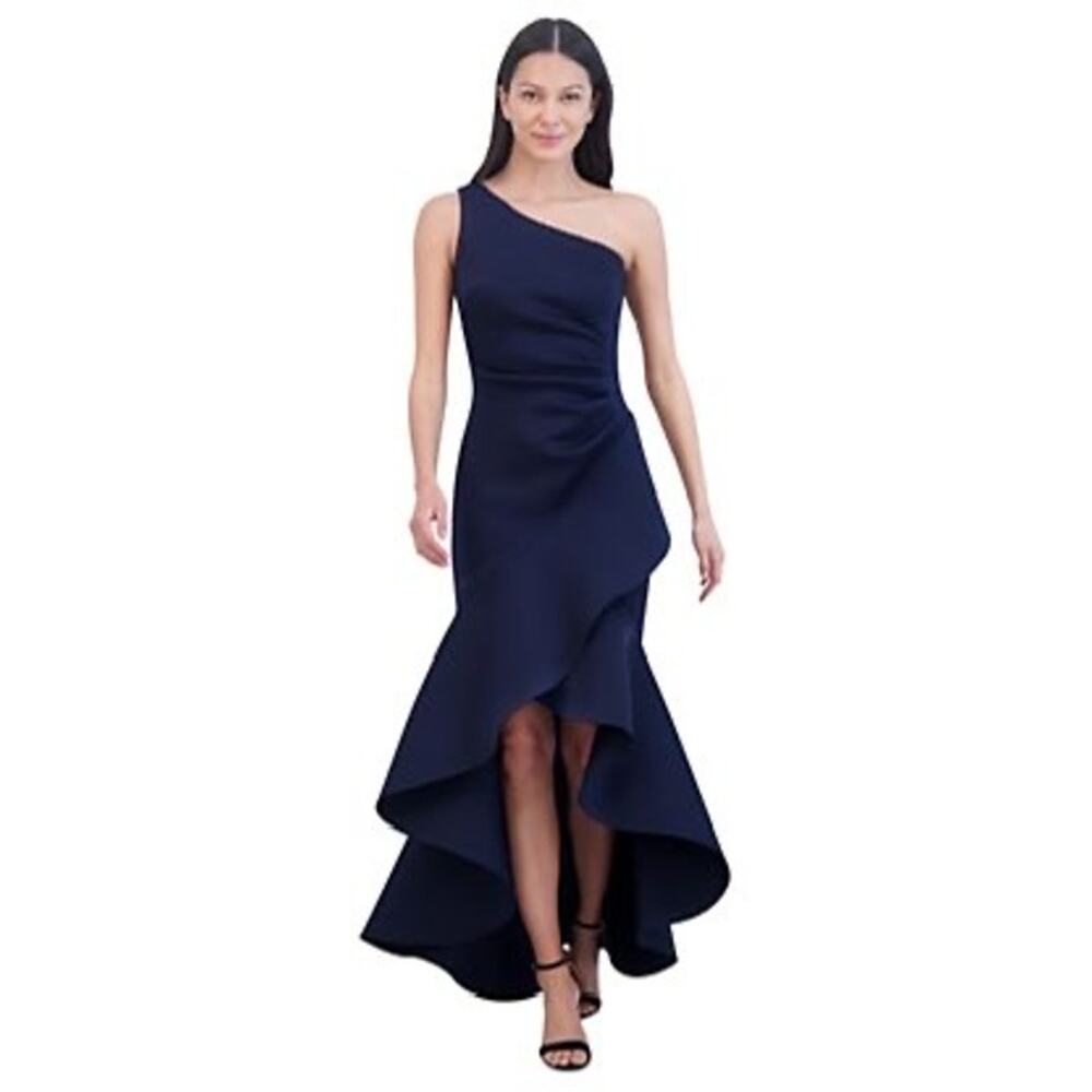 Eliza J Navy One-Shoulder Asymmetric Ruffle Midi Dress
